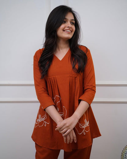 Rust Premium Cotton Co-ord Set with Floral Embroidery