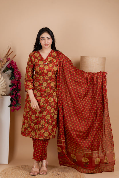 Rust Red Jaipuri Cotton A-Line Suit Set – Daily & Festive Wear