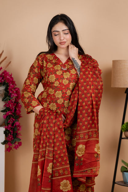 Rust Red Jaipuri Cotton A-Line Suit Set – Daily & Festive Wear