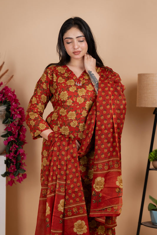 Rust Red Jaipuri Cotton A-Line Suit Set – Daily & Festive Wear