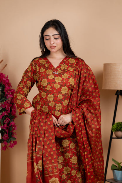 Rust Red Jaipuri Cotton A-Line Suit Set – Daily & Festive Wear