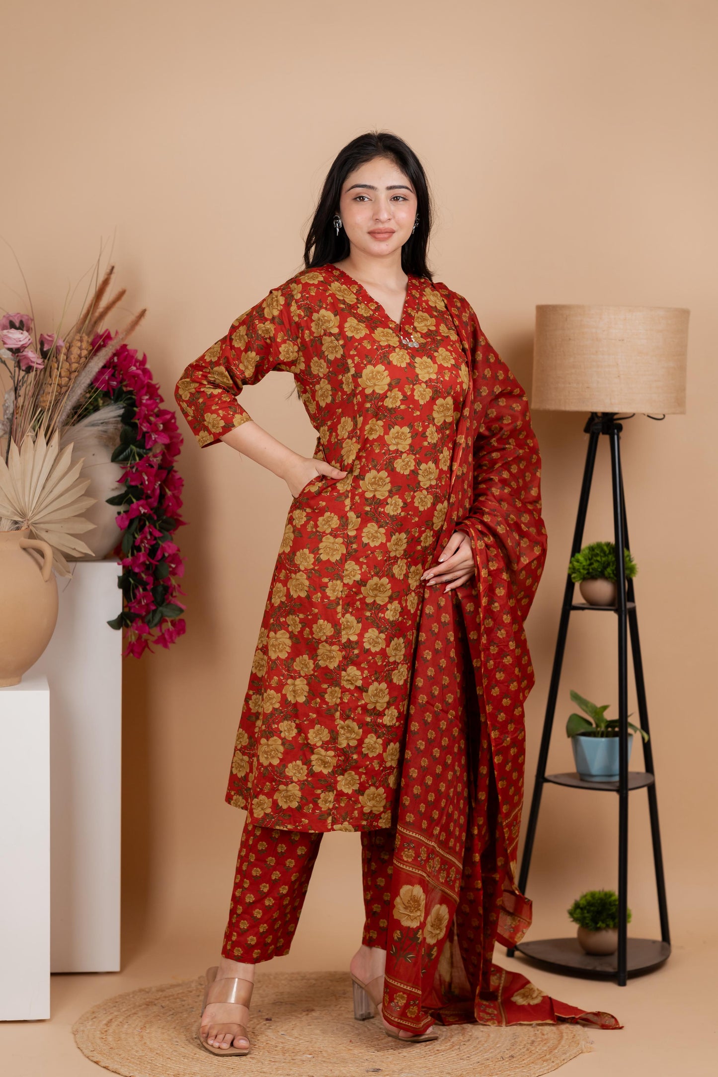 Rust Red Jaipuri Cotton A-Line Suit Set – Daily & Festive Wear