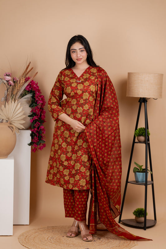 Rust Red Jaipuri Cotton A-Line Suit Set – Daily & Festive Wear