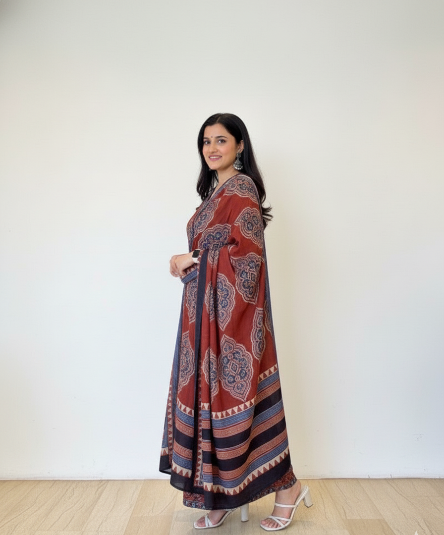 Rust Brown Cotton Anarkali Set with Traditional Block Print – Daily & Office Wear