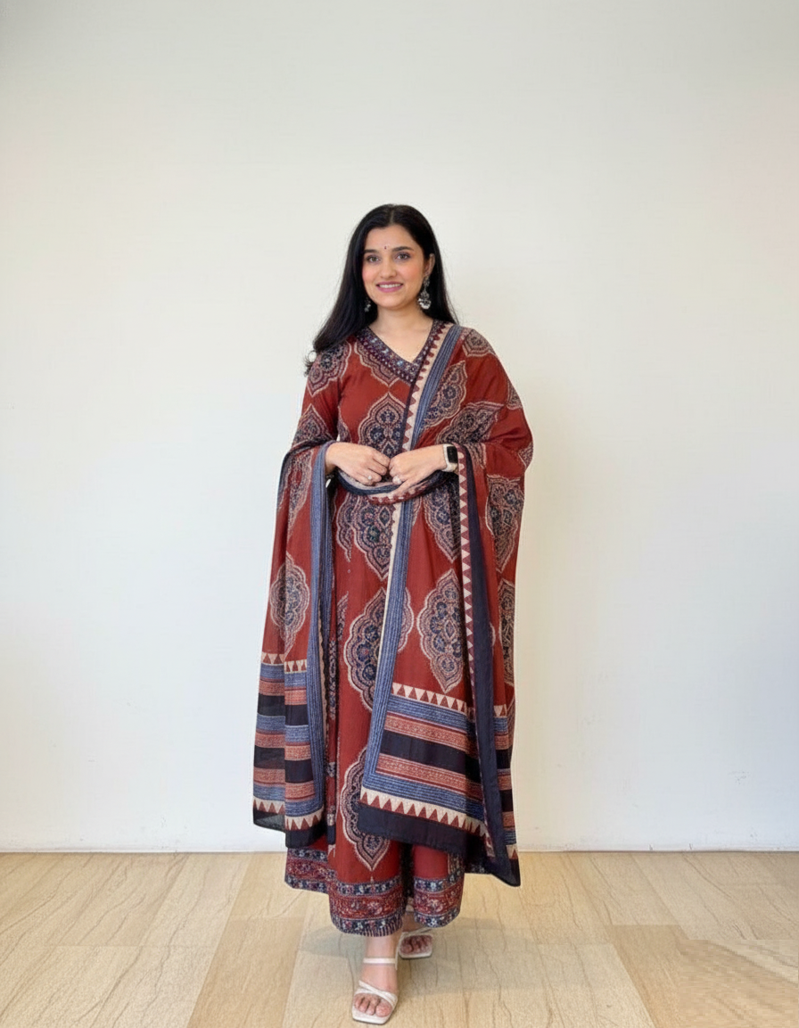 Rust Brown Cotton Anarkali Set with Traditional Block Print – Daily & Office Wear