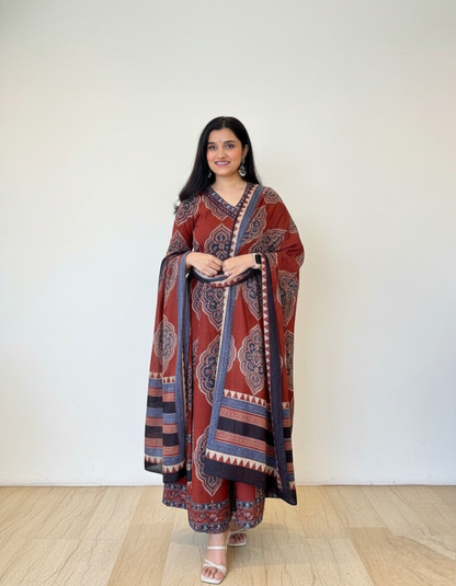 Rust Brown Cotton Anarkali Set with Traditional Block Print – Daily & Office Wear