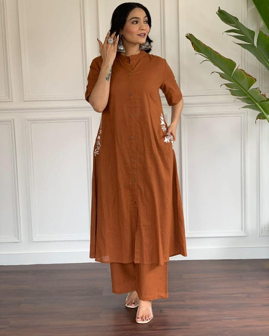 Rust Brown Cotton Slub Kurta and Palazzo Set with White Floral Embroidery