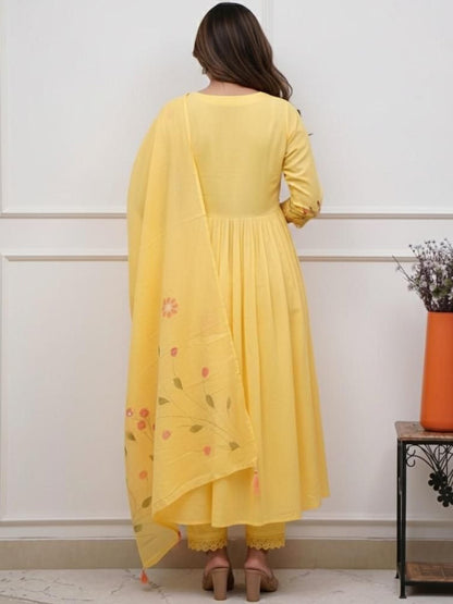 Yellow Cotton Embroidered Anarkali Suit Set for Women
