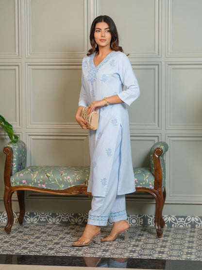 Serenity in Sky – Chikankari Embroidered Kurta Set with Crochet Palazzo