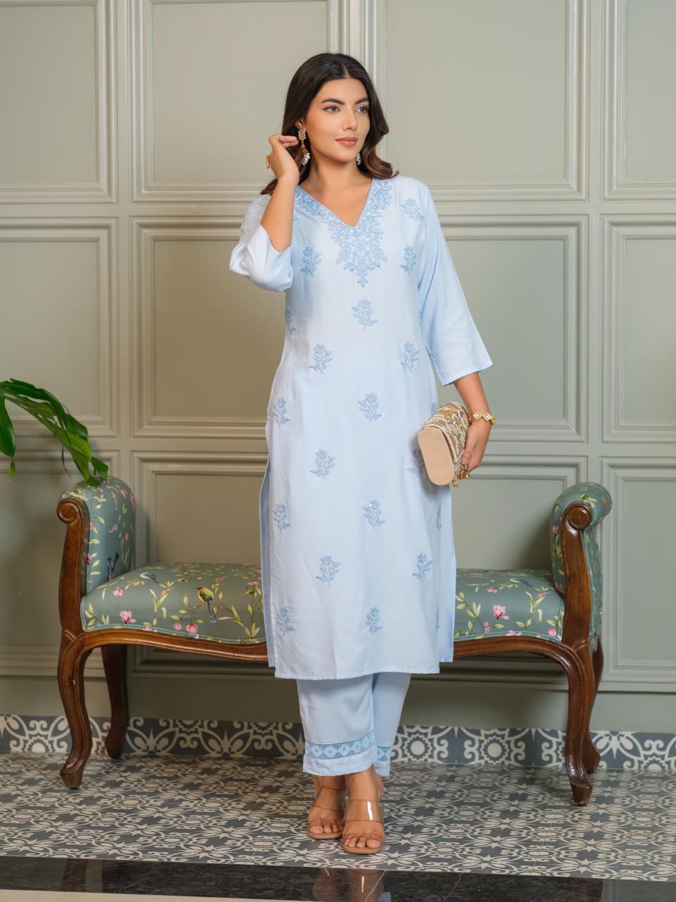 Serenity in Sky – Chikankari Embroidered Kurta Set with Crochet Palazzo