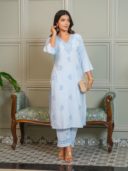Serenity in Sky – Chikankari Embroidered Kurta Set with Crochet Palazzo