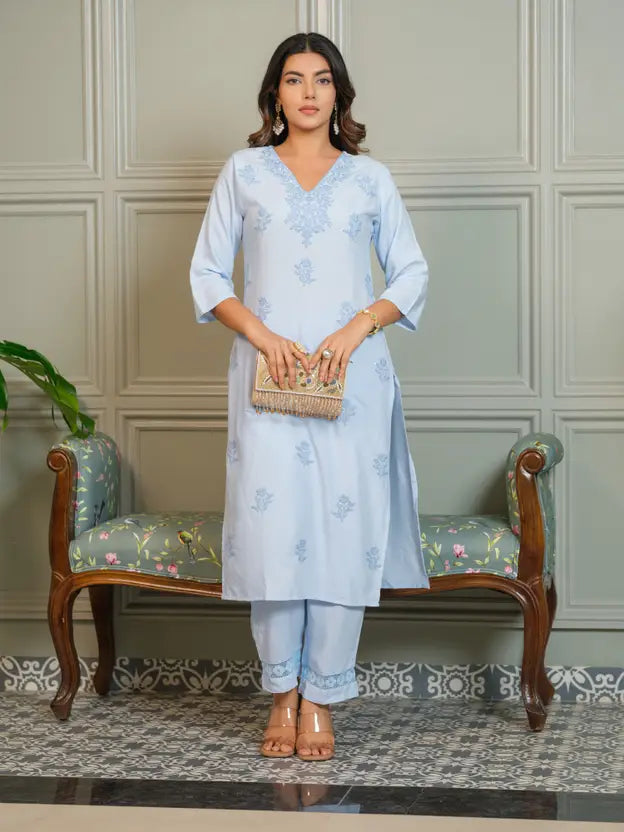 Serenity in Sky – Chikankari Embroidered Kurta Set with Crochet Palazzo