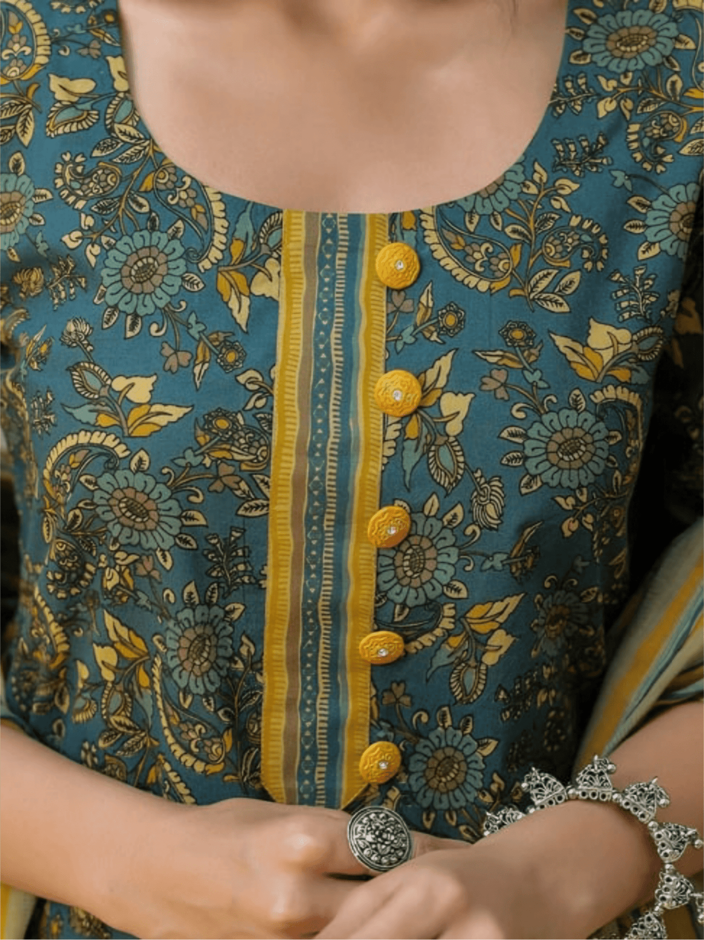 Teal Green Premium Cotton Suit Set with Mustard Floral Dupatta
