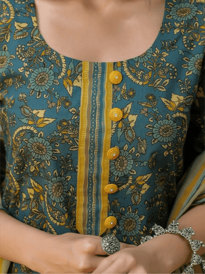 Teal Green Premium Cotton Suit Set with Mustard Floral Dupatta
