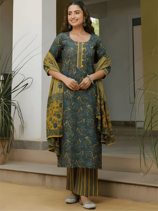 Teal Green Premium Cotton Suit Set with Mustard Floral Dupatta