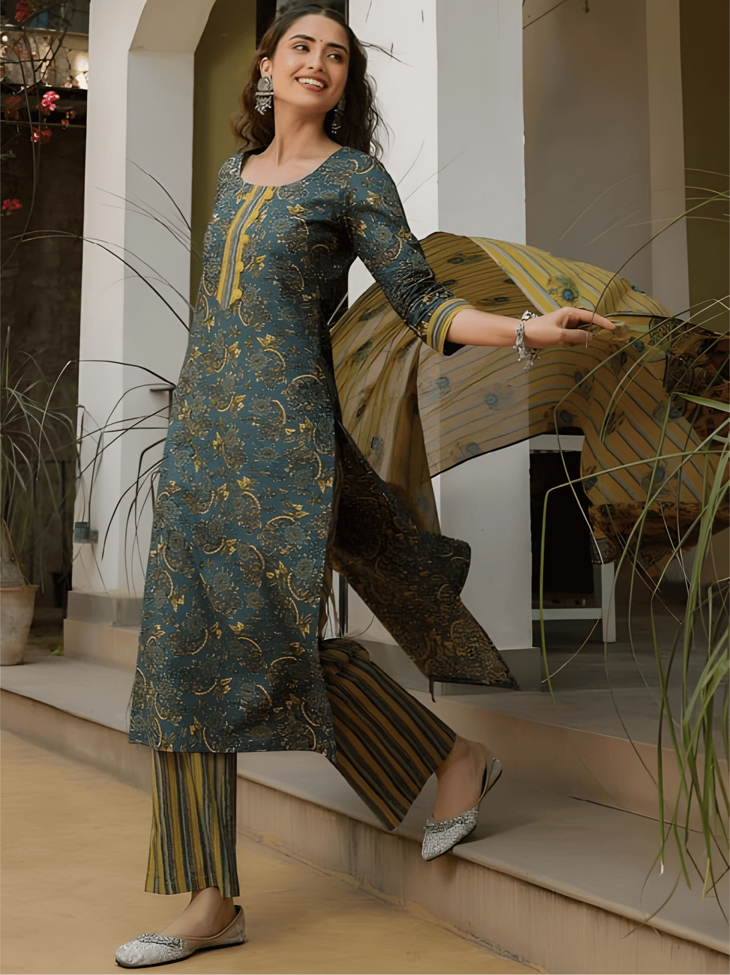 Teal Green Premium Cotton Suit Set with Mustard Floral Dupatta