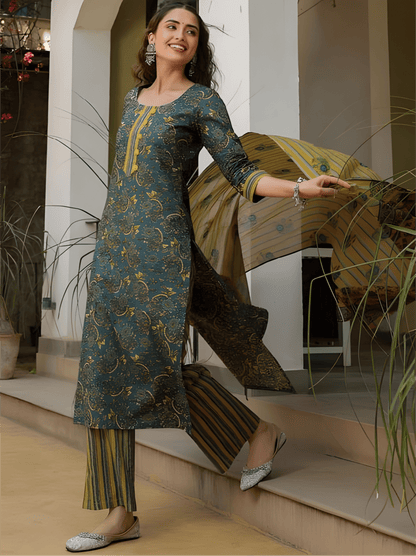 Teal Green Premium Cotton Suit Set with Mustard Floral Dupatta