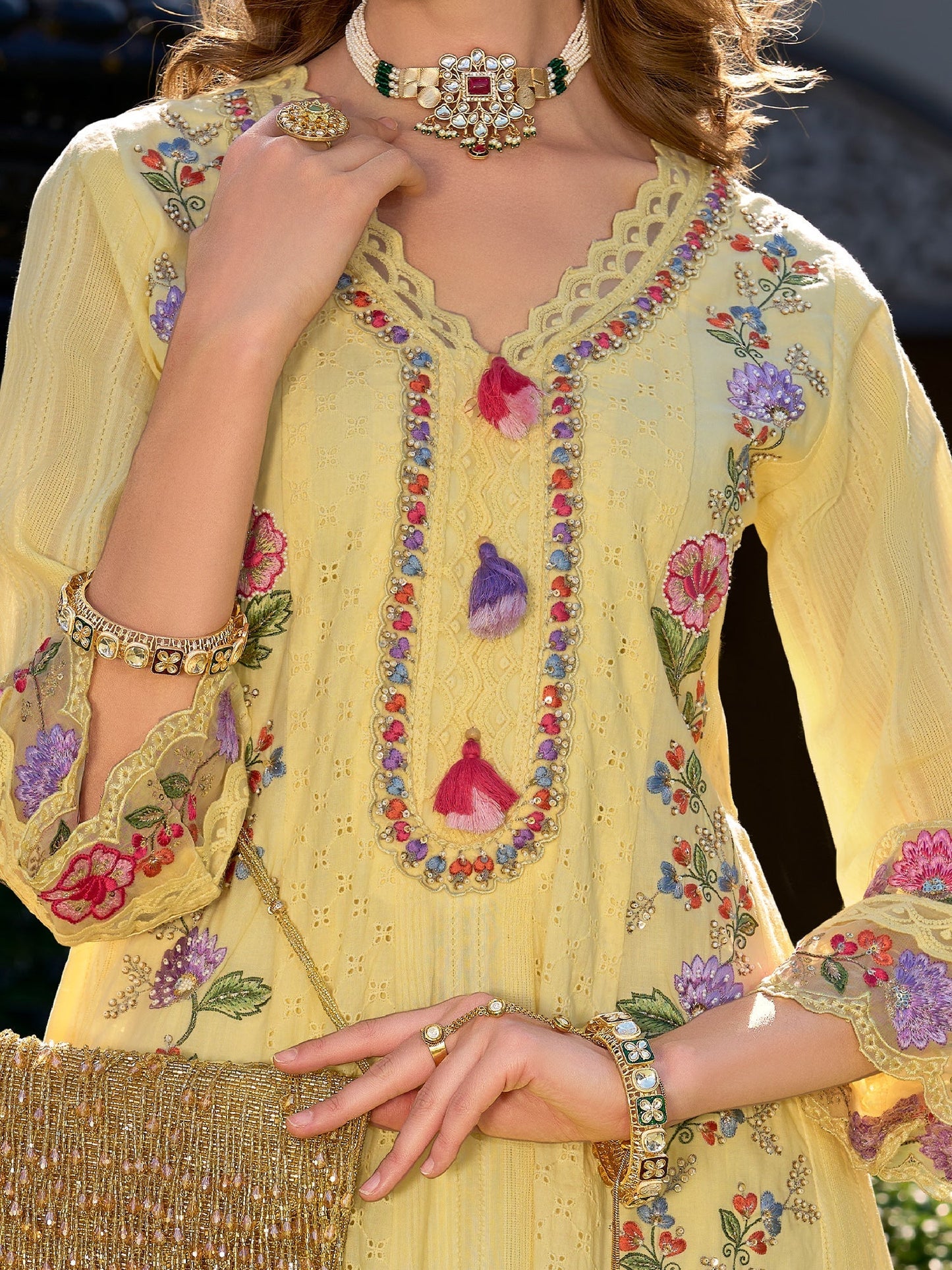 Vibrant Lemon Yellow Anarkali Suit Set with Heavy Multicolor Floral Embroidery