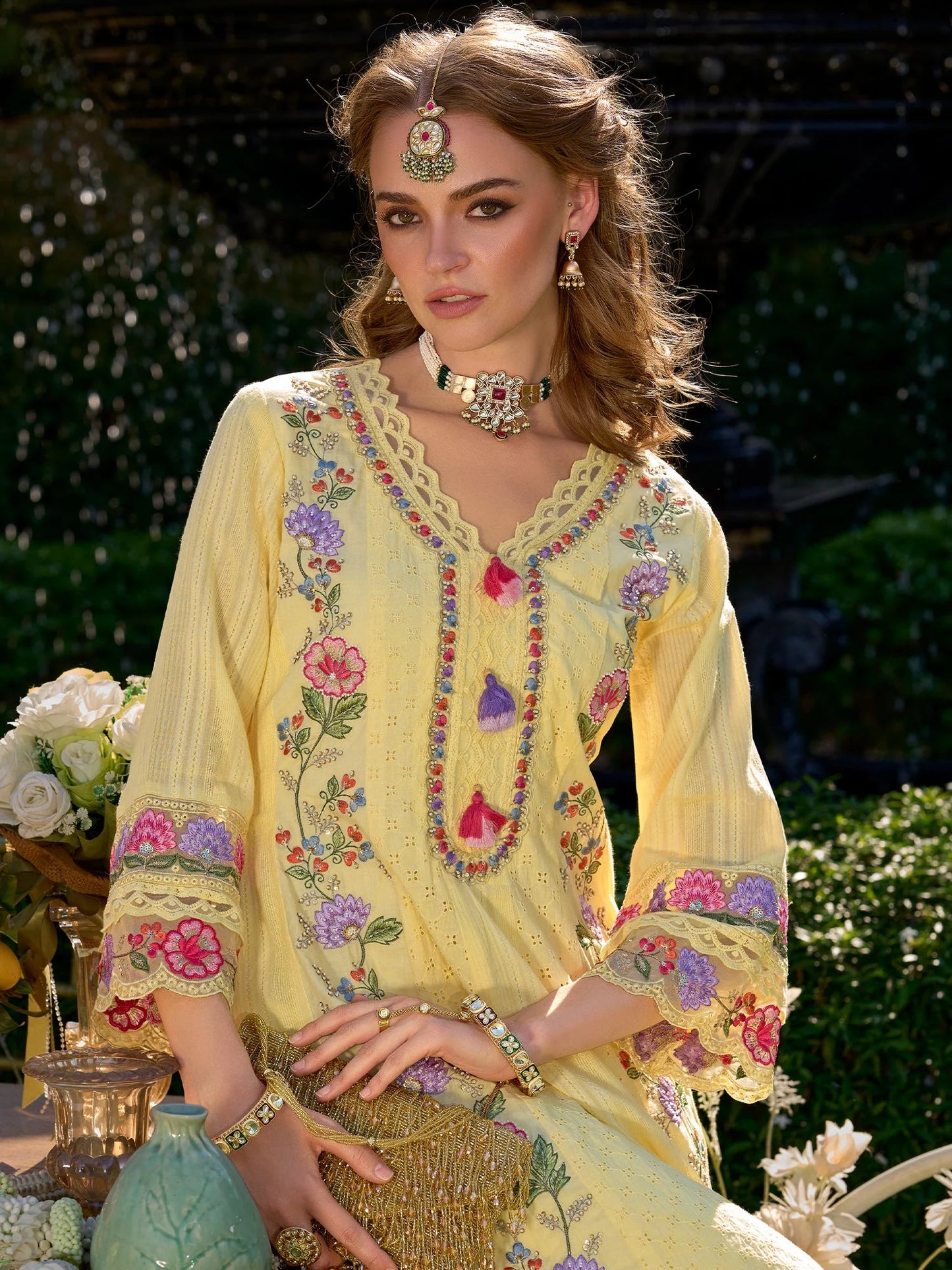 Vibrant Lemon Yellow Anarkali Suit Set with Heavy Multicolor Floral Embroidery