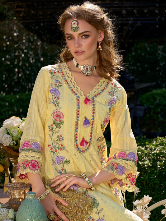 Vibrant Lemon Yellow Anarkali Suit Set with Heavy Multicolor Floral Embroidery