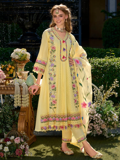 Vibrant Lemon Yellow Anarkali Suit Set with Heavy Multicolor Floral Embroidery