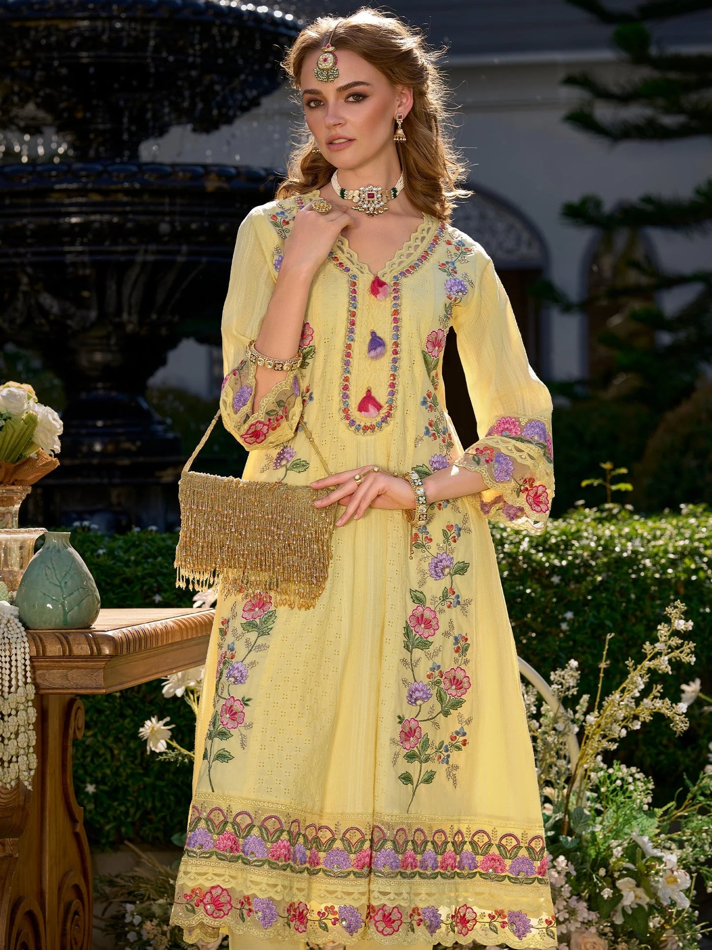 Vibrant Lemon Yellow Anarkali Suit Set with Heavy Multicolor Floral Embroidery