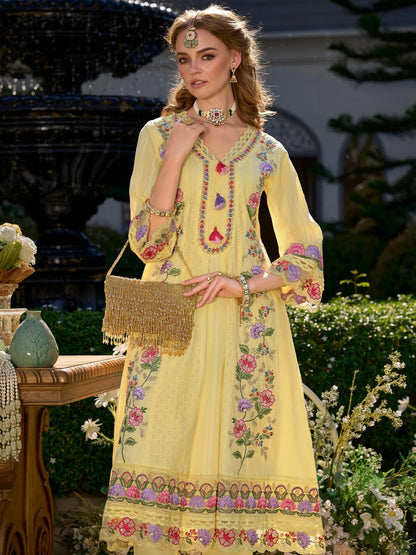 Vibrant Lemon Yellow Anarkali Suit Set with Heavy Multicolor Floral Embroidery