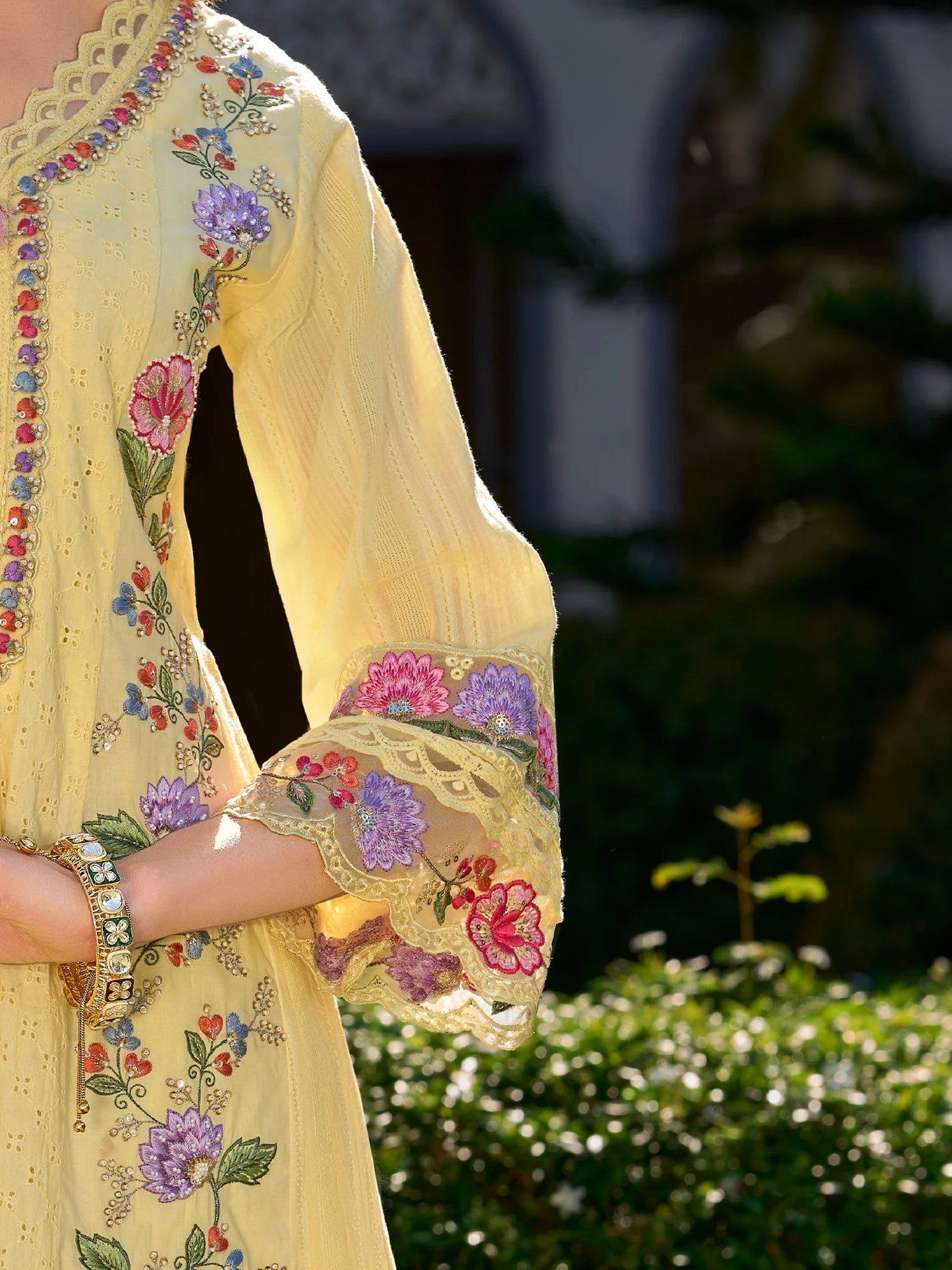 Vibrant Lemon Yellow Anarkali Suit Set with Heavy Multicolor Floral Embroidery
