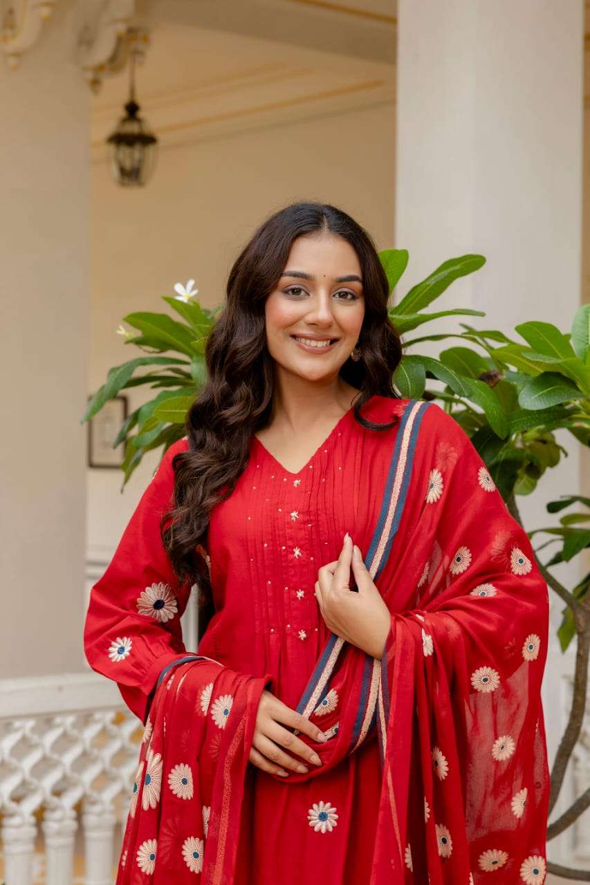 Red Cotton Embroidered Suit Set with Floral Dupatta