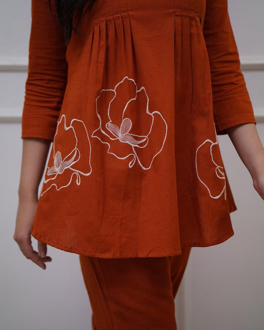 Rust Premium Cotton Co-ord Set with Floral Embroidery