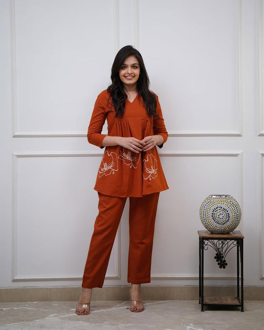 Rust Premium Cotton Co-ord Set with Floral Embroidery
