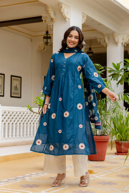 Deep Teal Blue Cotton Embroidered Suit Set with Floral Dupatta