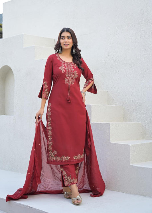 Deep Maroon Cotton Suit Set with Embroidered Floral Motifs