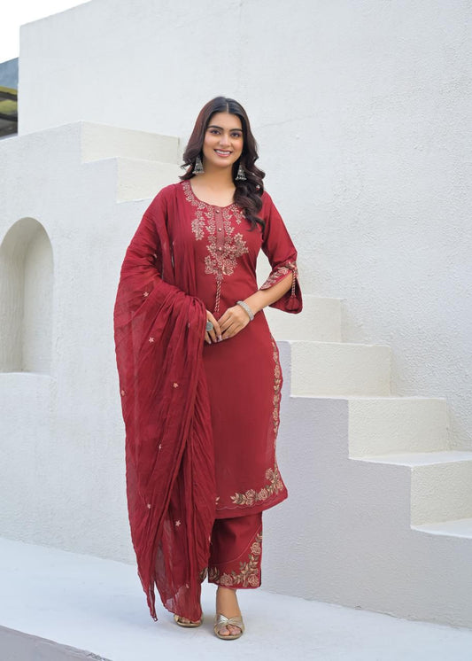 Deep Maroon Cotton Suit Set with Embroidered Floral Motifs