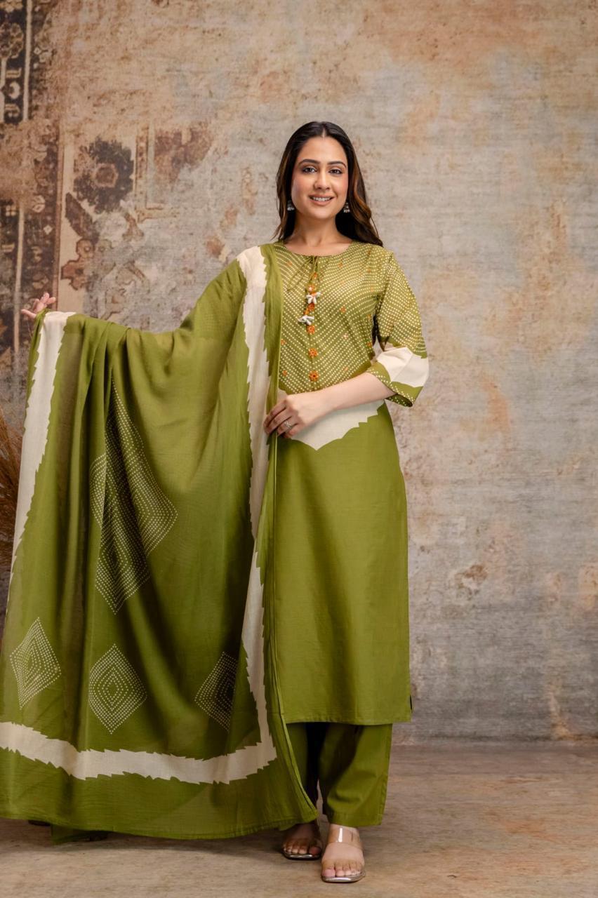 Olive Green Cotton Kurta Set with Printed Yoke & Dupatta – Elegant Ethnic Wear