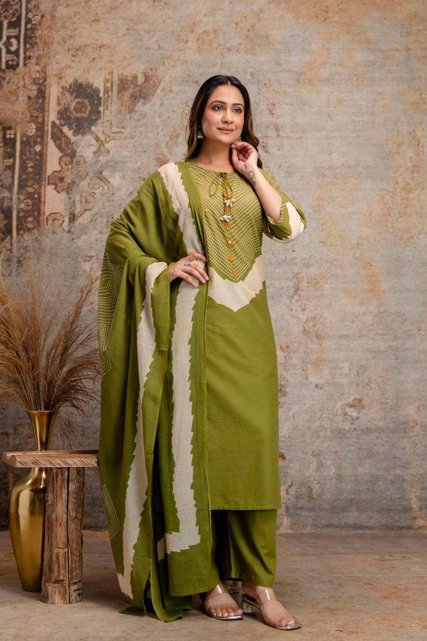 Olive Green Cotton Kurta Set with Printed Yoke & Dupatta – Elegant Ethnic Wear