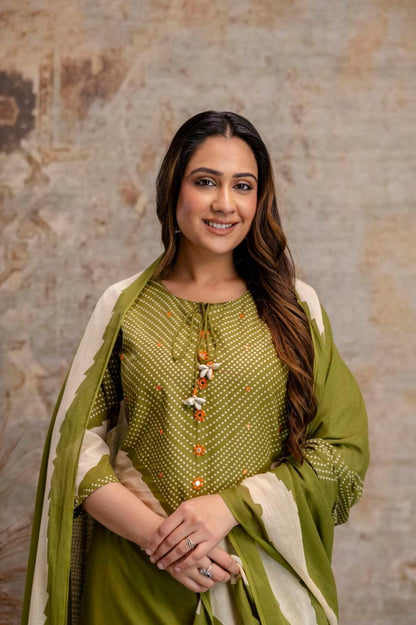 Olive Green Cotton Kurta Set with Printed Yoke & Dupatta – Elegant Ethnic Wear