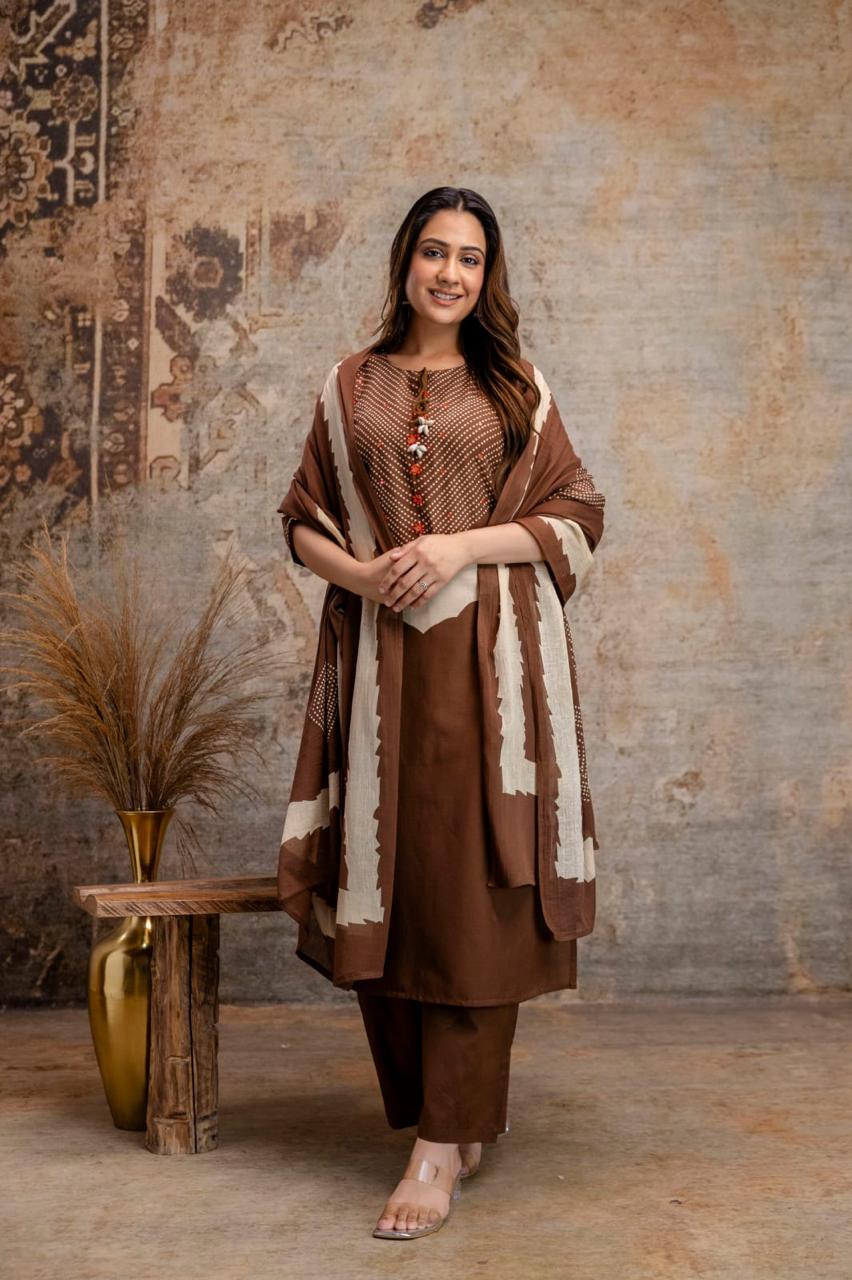 Brown Cotton Kurta Set with Printed Yoke & Dupatta – Elegant Ethnic Wear