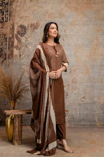 Brown Cotton Kurta Set with Printed Yoke & Dupatta – Elegant Ethnic Wear