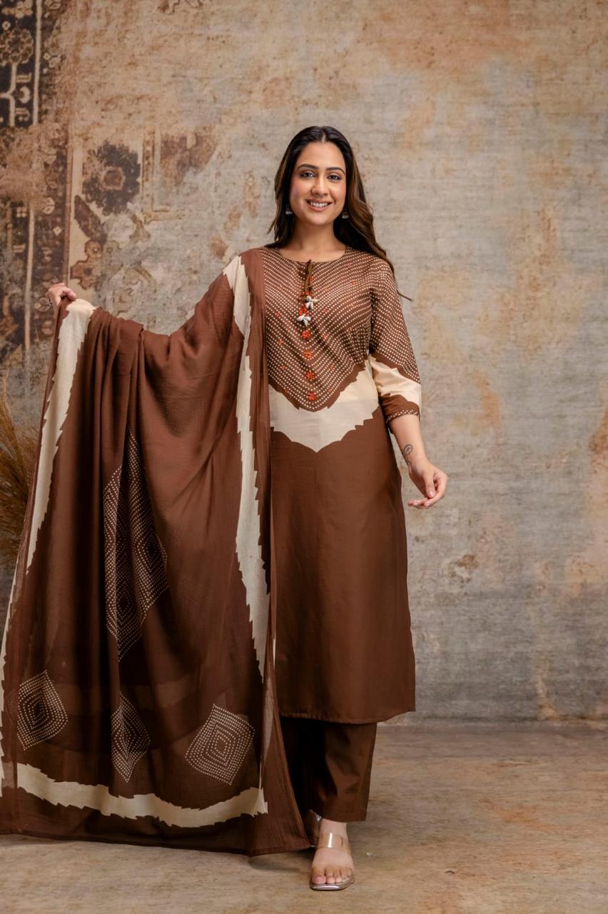 Brown Cotton Kurta Set with Printed Yoke & Dupatta – Elegant Ethnic Wear
