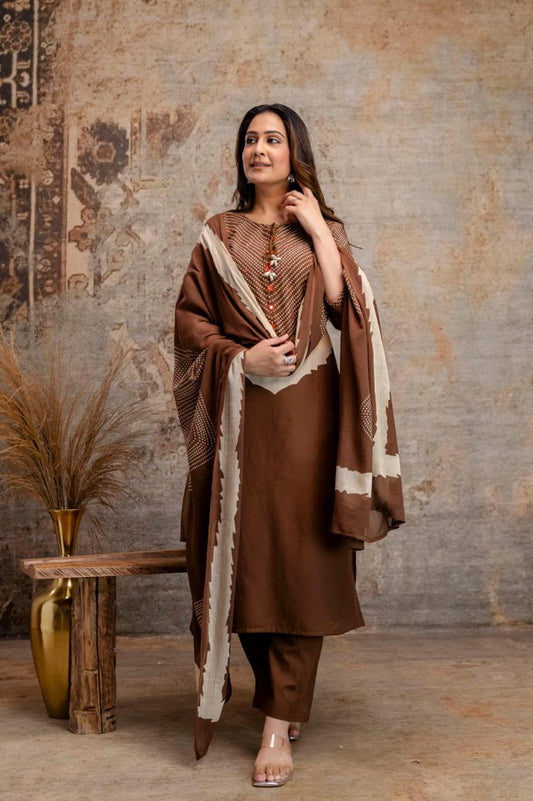 Brown Cotton Kurta Set with Printed Yoke & Dupatta – Elegant Ethnic Wear