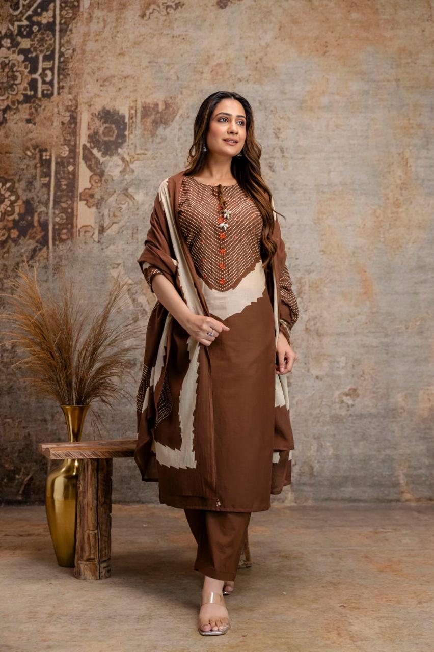 Brown Cotton Kurta Set with Printed Yoke & Dupatta – Elegant Ethnic Wear