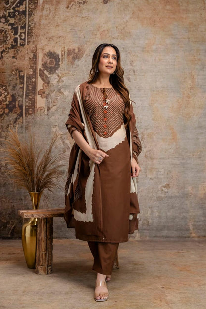 Brown Cotton Kurta Set with Printed Yoke & Dupatta – Elegant Ethnic Wear