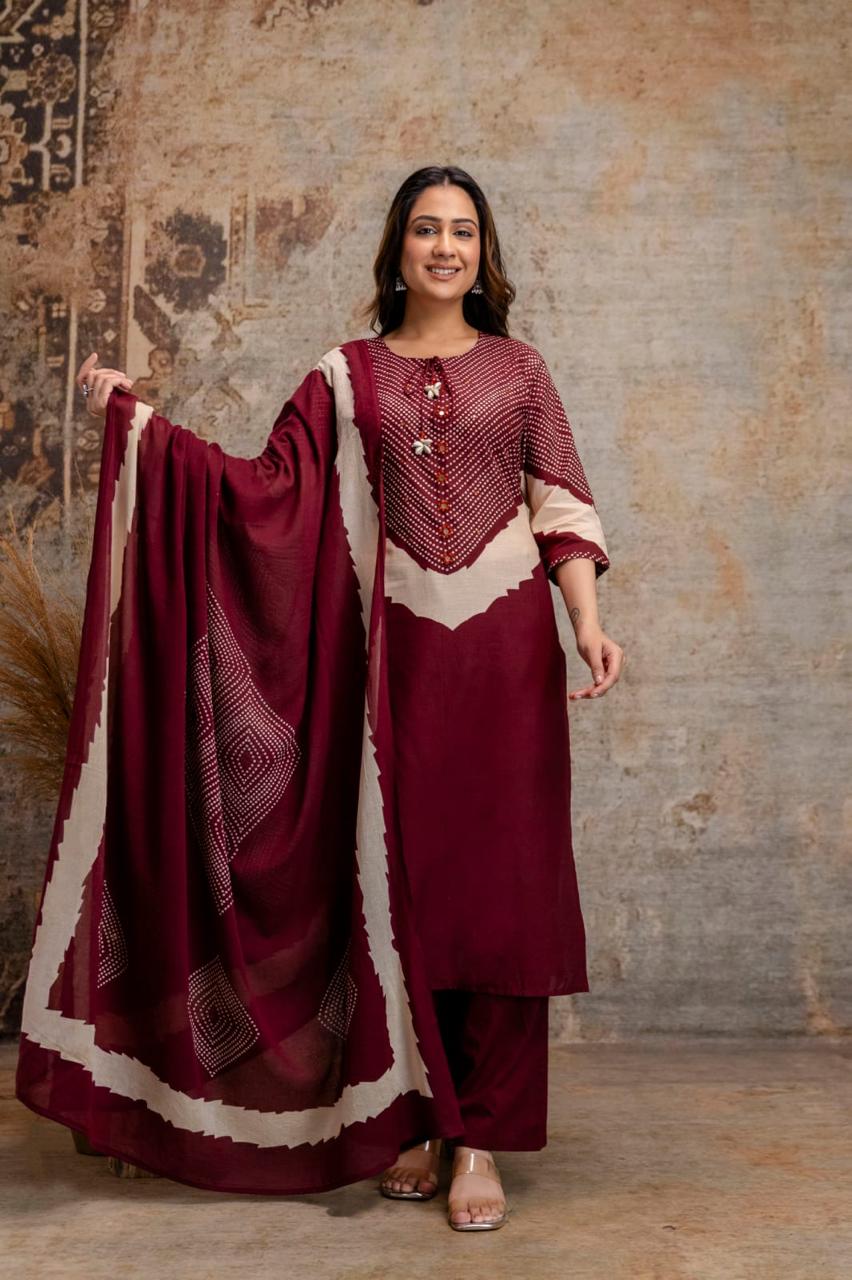 Maroon Cotton Kurta Set with Printed Yoke & Dupatta – Elegant Ethnic Wear