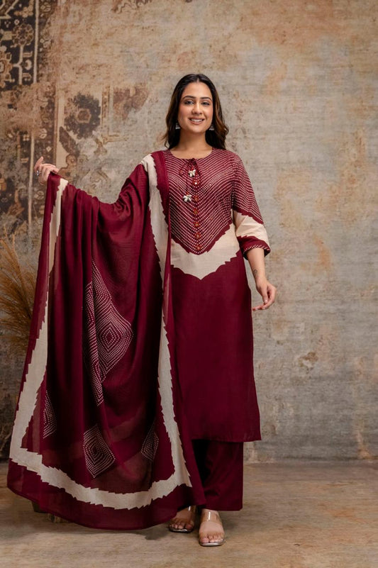 Maroon Cotton Kurta Set with Printed Yoke & Dupatta – Elegant Ethnic Wear