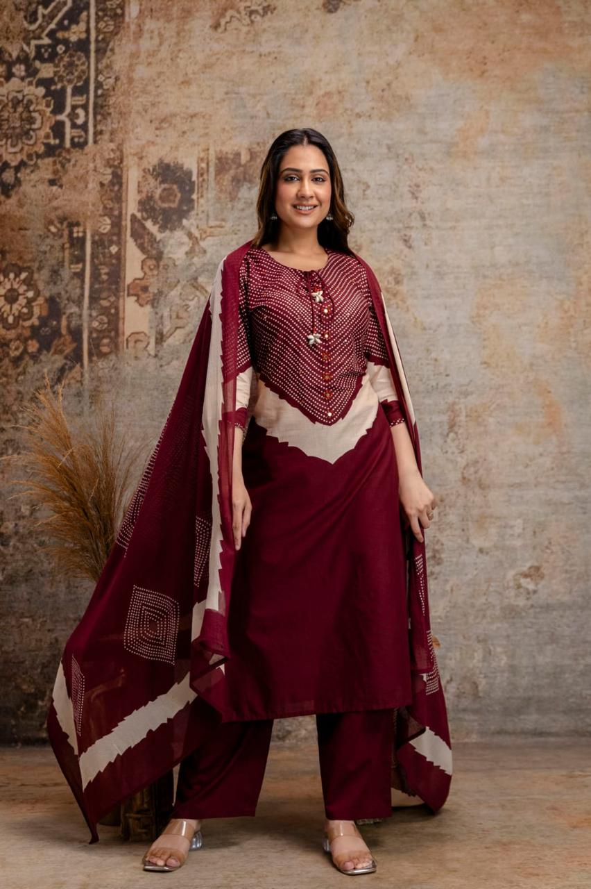 Maroon Cotton Kurta Set with Printed Yoke & Dupatta – Elegant Ethnic Wear