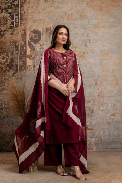 Maroon Cotton Kurta Set with Printed Yoke & Dupatta – Elegant Ethnic Wear