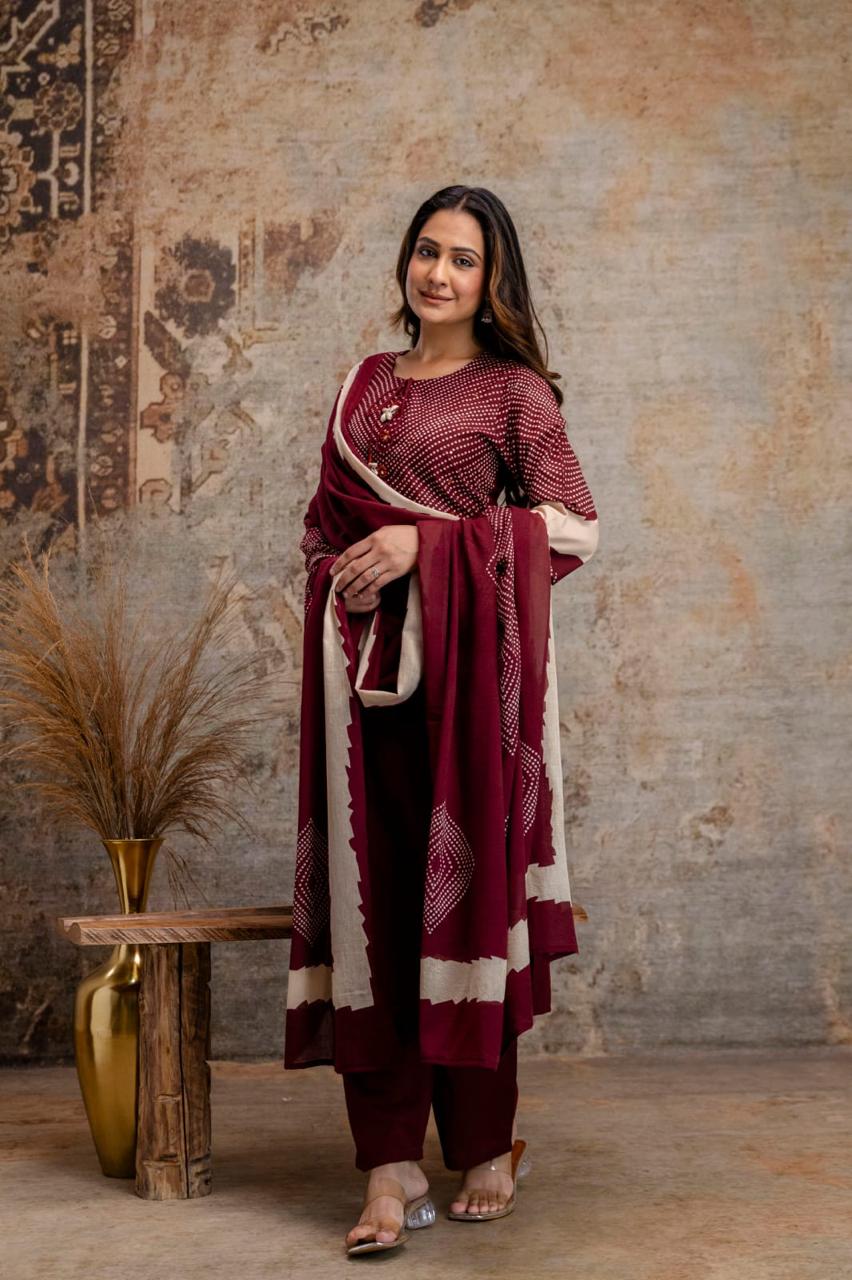 Maroon Cotton Kurta Set with Printed Yoke & Dupatta – Elegant Ethnic Wear