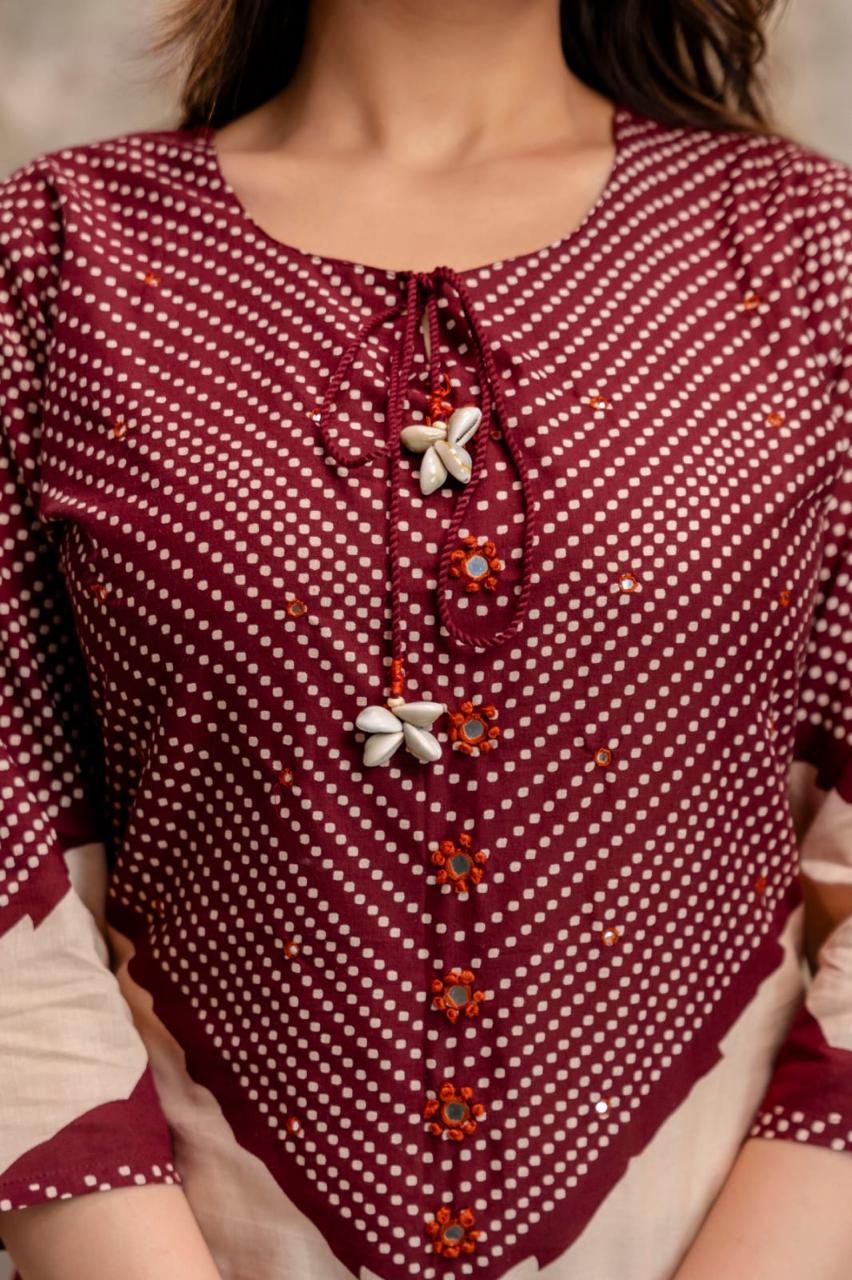 Maroon Cotton Kurta Set with Printed Yoke & Dupatta – Elegant Ethnic Wear