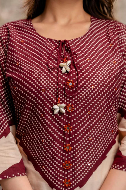 Maroon Cotton Kurta Set with Printed Yoke & Dupatta – Elegant Ethnic Wear